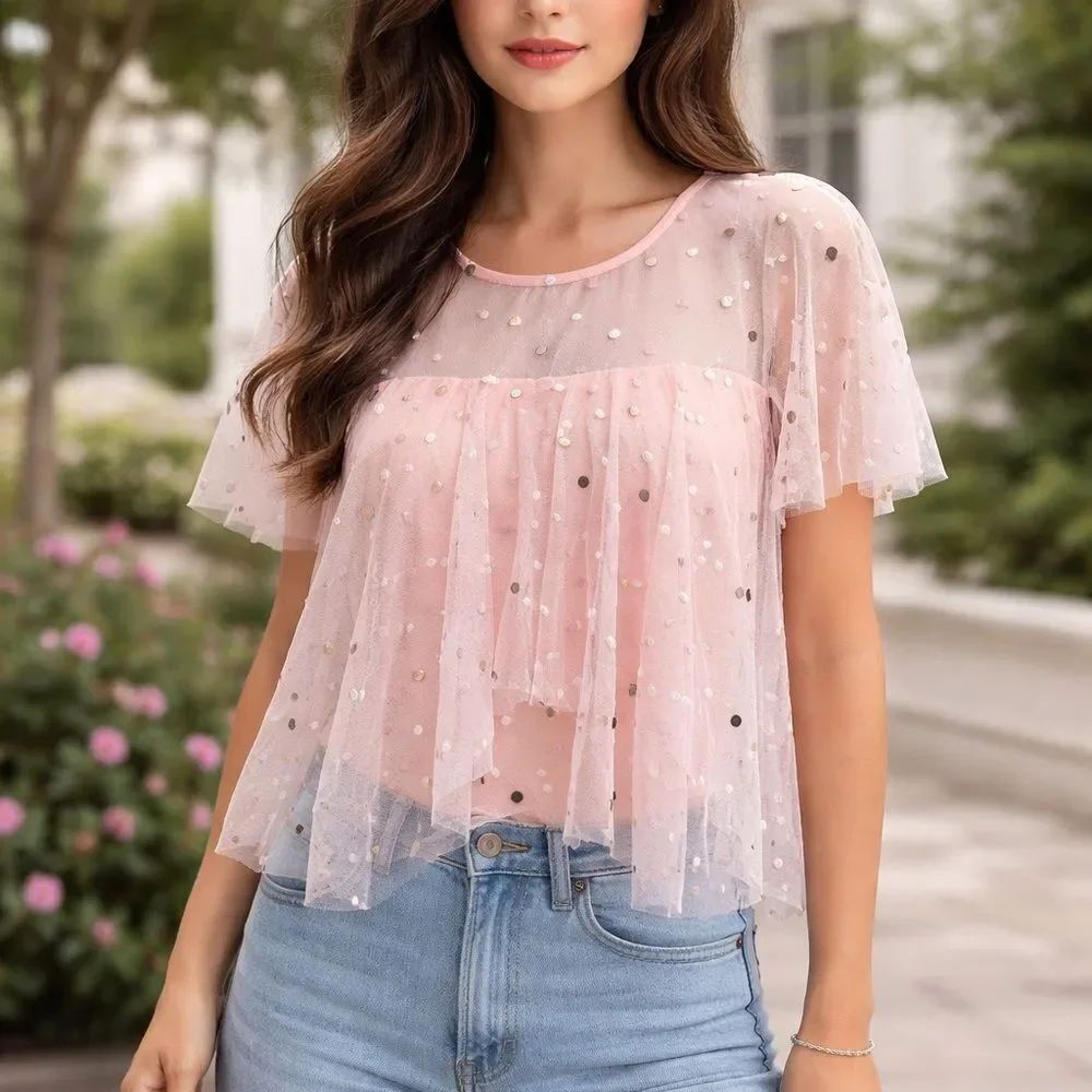 Antropologie Eva Franco Apricot Pink Blouse Tiered Polka Dot Fairy SZ 6 NWOT